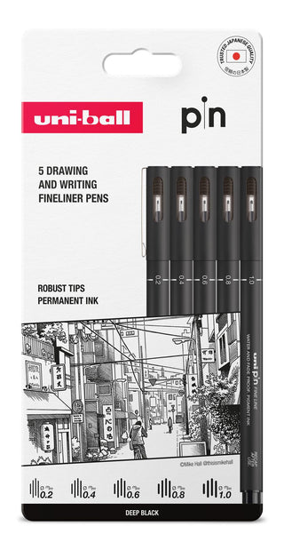 Uni-Ball Pin 5 Drawing & Writing Fineliner Pens Set, Deep Black