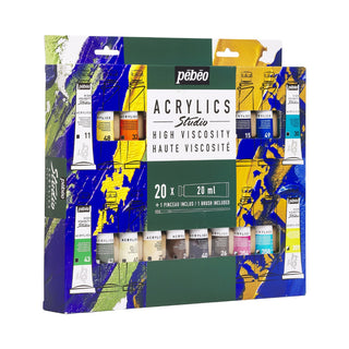 Pebeo Studio High Viscosity Acrylics Set 20 x 20ml Tubes with Brush