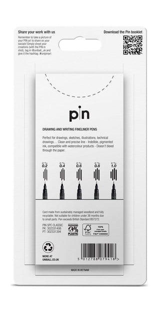 Uni-Ball Pin 5 Drawing & Writing Fineliner Pens Set, Deep Black