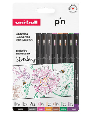 Uni-Ball Pin Sketching Colour Fineliner Pen Set 8pc