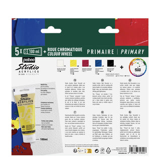 Pebeo Studio Acrylics Primary Set 5 x 100ml + Colour Wheel