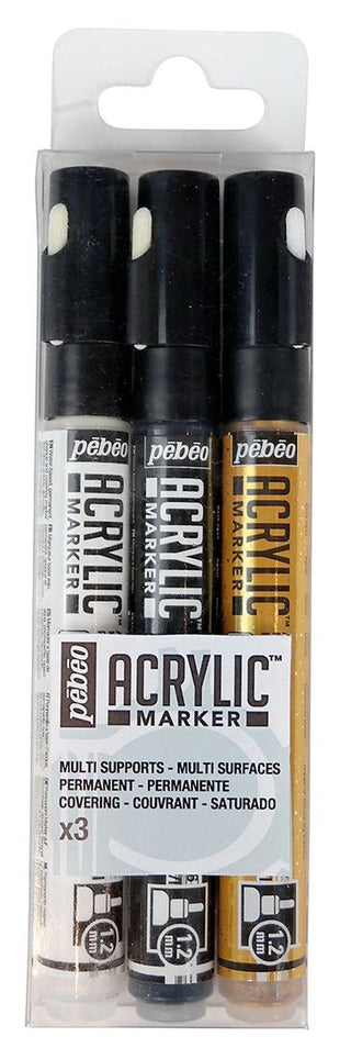 Pebeo Acrylic Marker 1.2mm Black, White & Gold Set of 3