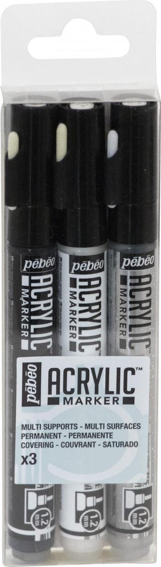 Pebeo Acrylic Marker 1.2mm Black, White & Silver Set of 3