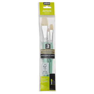 Pebeo Acrylic & Oil White Bristle Flat Paint Brush Set 3pc