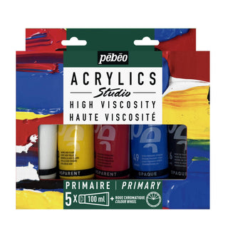 Pebeo Studio Acrylics Primary Set 5 x 100ml + Colour Wheel