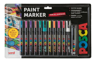 POSCA Paint Marker Metallic & Neon PC-5M & Black PC-7M Set 12pc