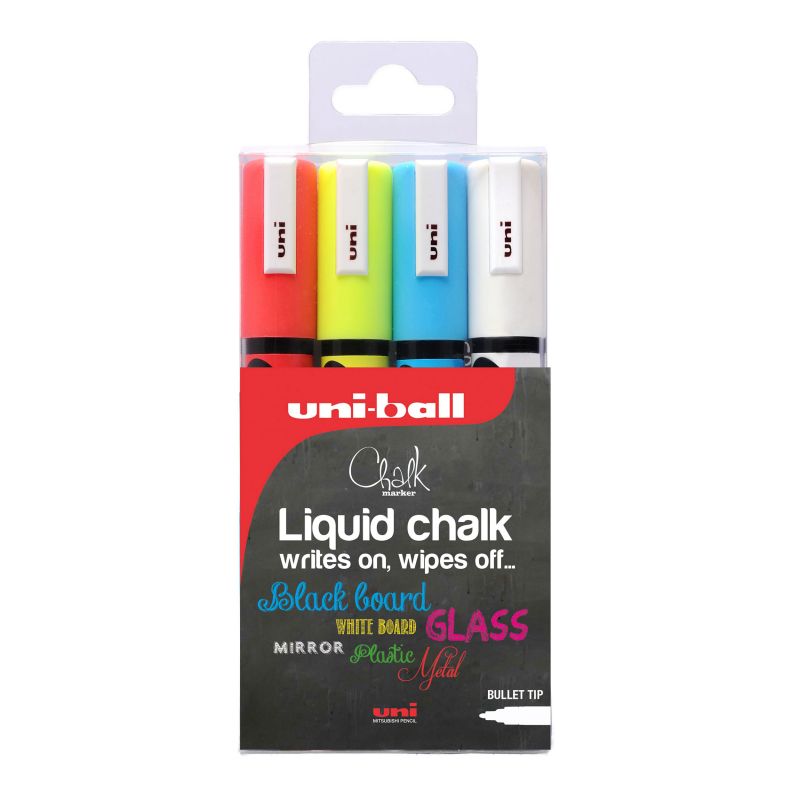uni-ball PWE-8K, uni Chalk Marker, Broad Chisel Tip Pen White. Pack of 4